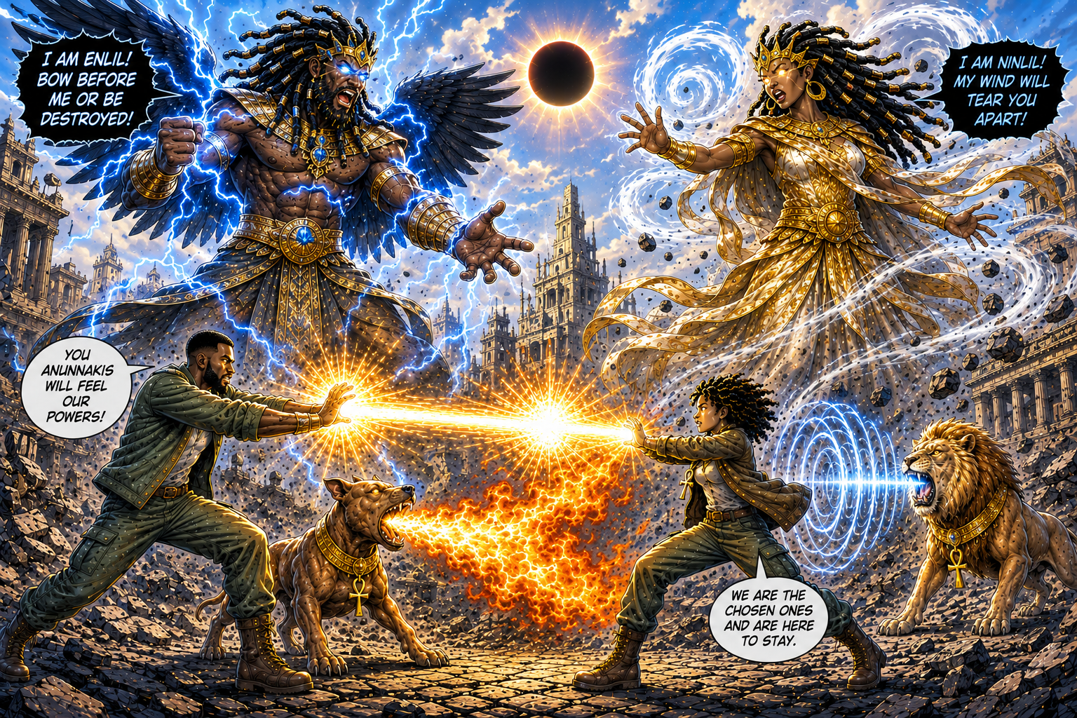 Raheem and Emily battling the Anunnaki gods in the Suns of God's universe